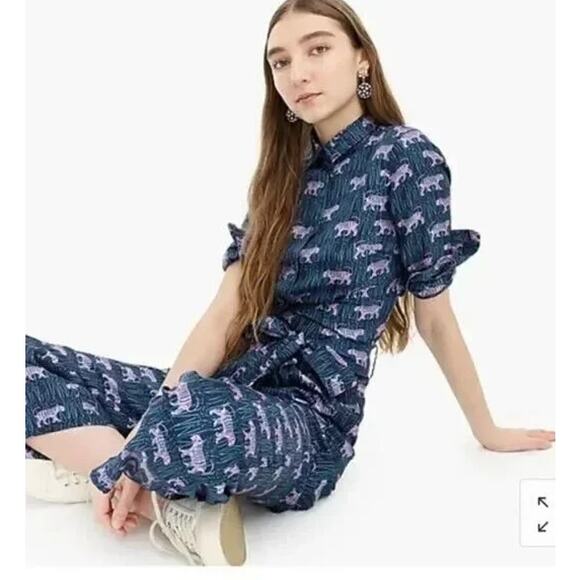 J. Crew 100% Silk Wide Leg Pant Jungle Tiger Print Belted Satin Ankle Trousers - Picture 3 of 12